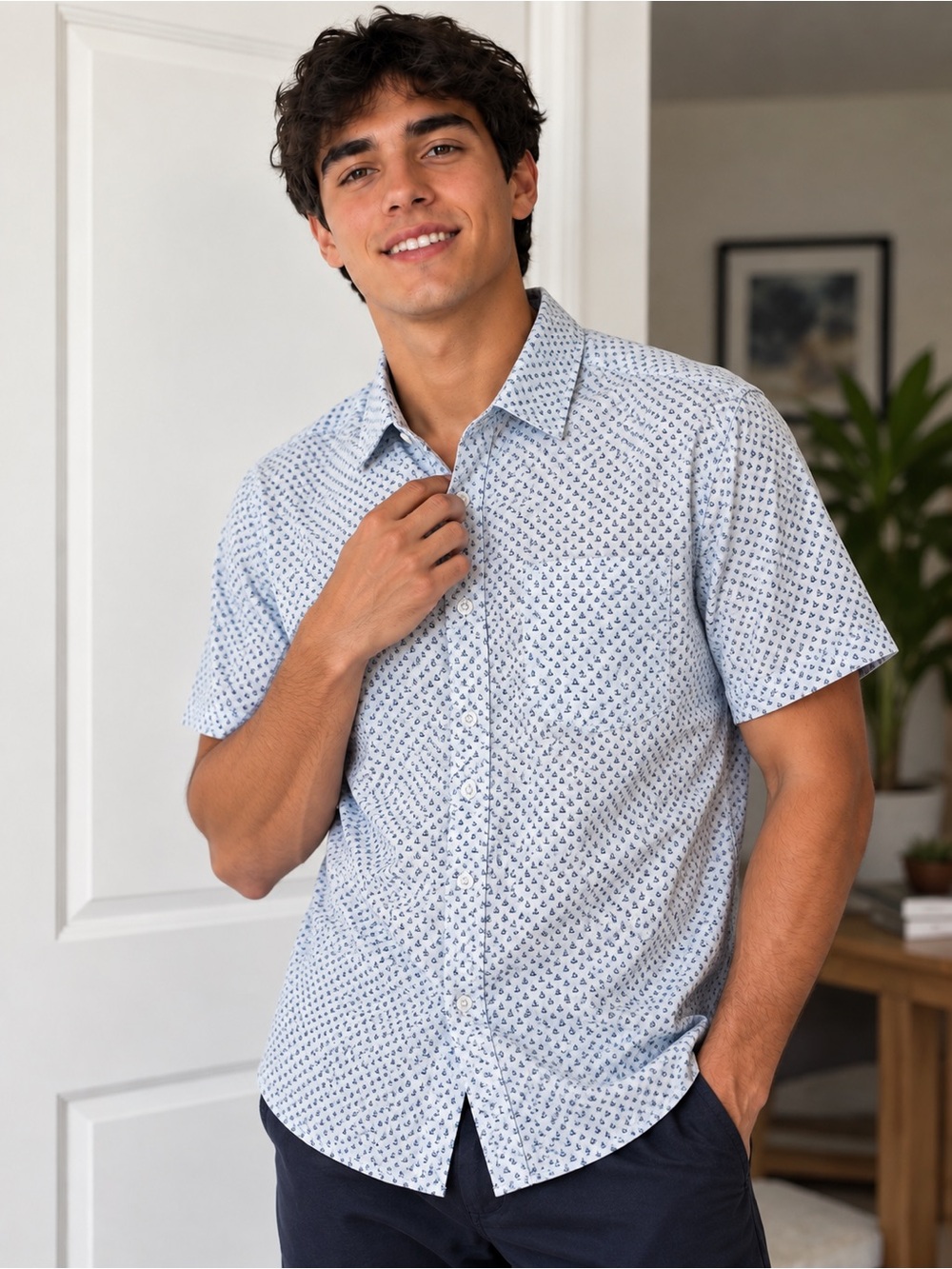 Craft + Flow Men’s Medium Blue White Geometric Print Short Sleeve Shirt